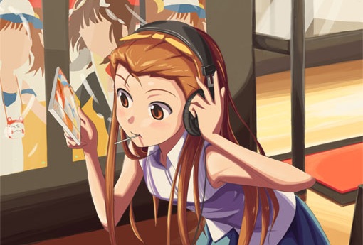 Girl with Headphones in Music Store